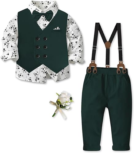 Boys Gentleman Wedding Outfits with Long Sleeve Floral Shirt, Bowtie, Boutonnier