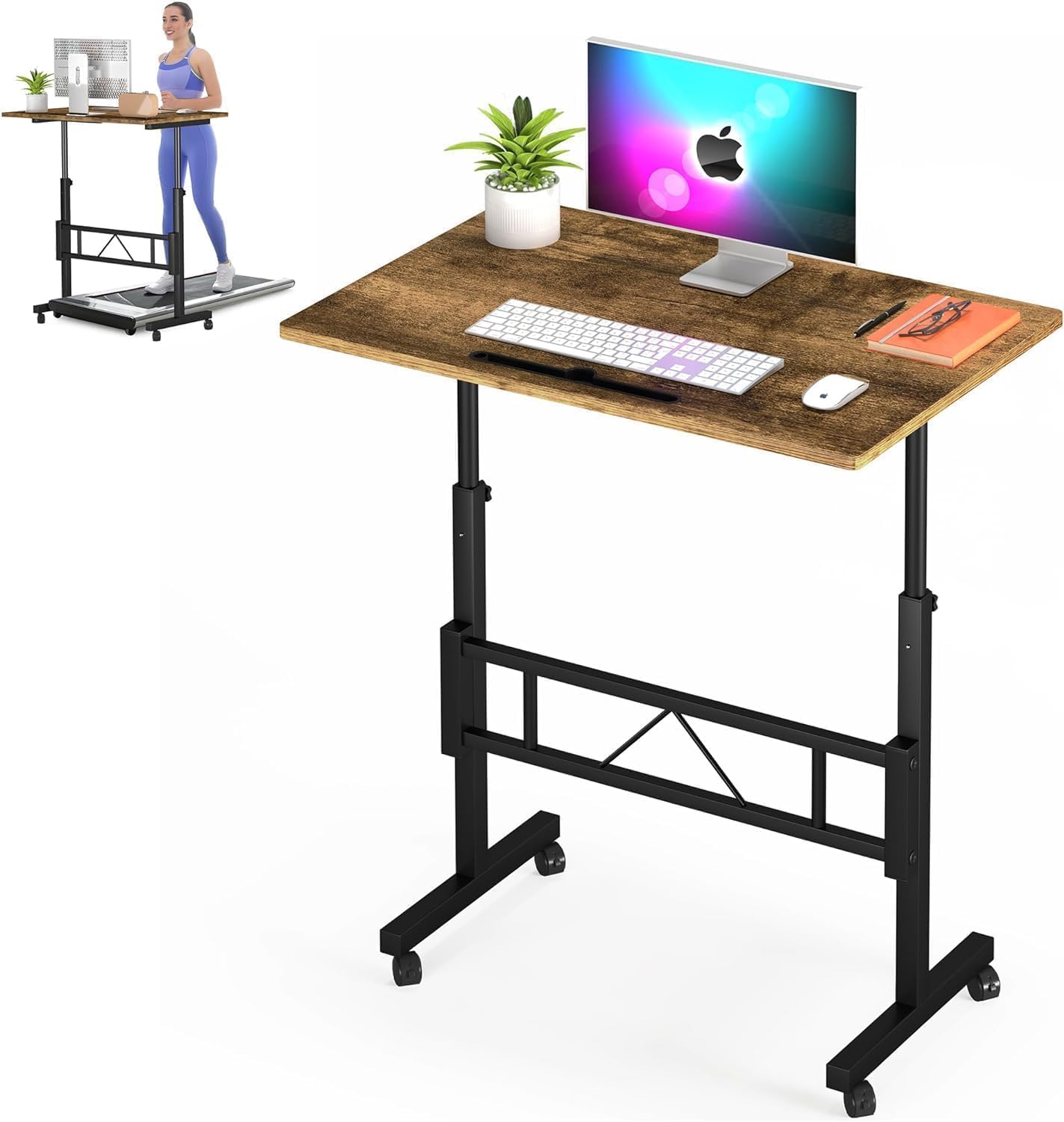 Klvied Small Standing Desk Adjustable Height Mobile Table with Wheels Portable Laptop Table Standing Computer Desk for Walking