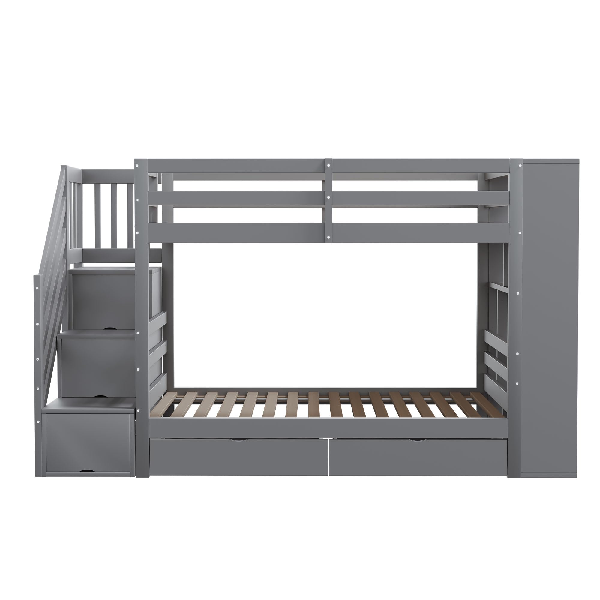 Etagenbett 90×200,Kinderbett mit Stauraum Treppe,Jugendbett mit 2 Schubladen/großen Schließfächern/Sicherheitszaun Kiefernbett mit Lattenrost,ohne matratz (Grau)