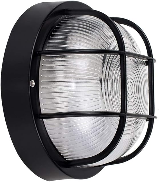 MiniSun Modern IP44 Rated Black Outdoor Garden Security Round Bulkhead Wall Light - Complete with a 10w LED GLS Bulb [6500K Cool White]