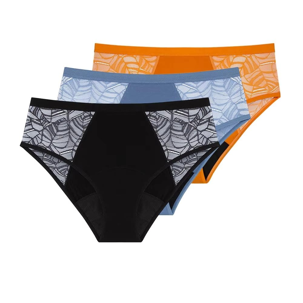 Slip Post-Parto per Donna Assorbenti Mutande Mestruali a Prova Di perdite Traspiranti Protettivi Sportivi in Pizzo 3 Pezzi Nero/Blu/Arancione Xl
