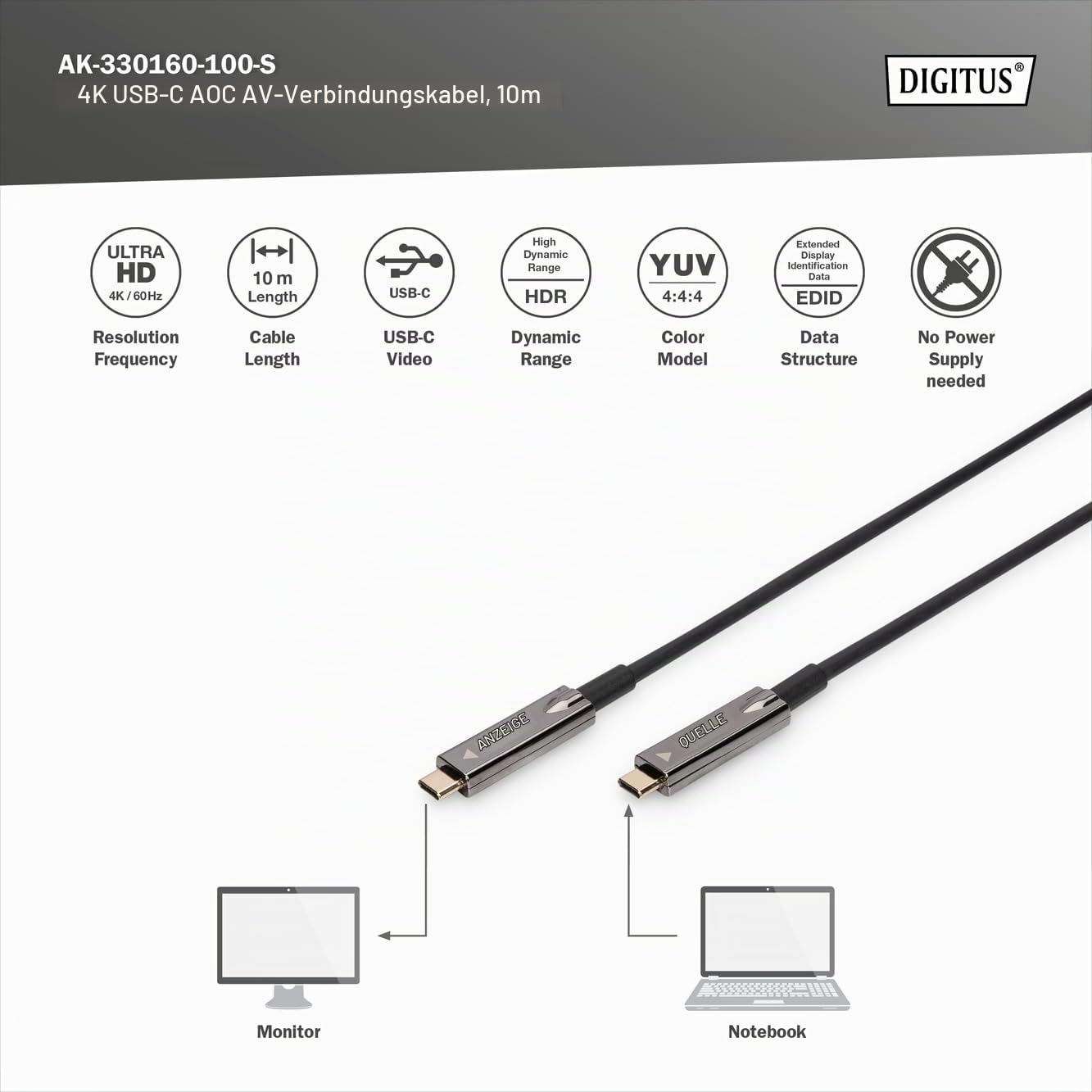 DIGITUS Glasfaser USB-C-Kabel – 10 m – UHD 4k 60Hz – DisplayPort 1.2 | USB-Video-Kabel – DP Alt-Mode – HDR, EDID, YUV 4:4:4 – AOC Hybrid Glasfaserkabel – USB-Glasfaserkabel – Schwarz