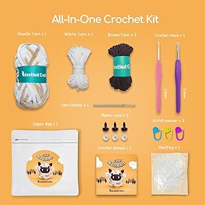 NestledCrafts Crochet Kit for Beginners, Animals Amigurumi Crochet Starter Kit with Step-by-Step Video Tutorial, Easy Knitting Set for Kids Adults, Lovely Cow - MooMoo