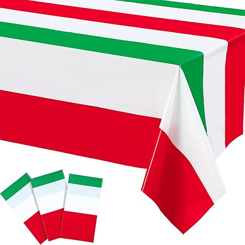 Mantel rectangular de 3 piezas con diseño de bandera italiana de plástico, color rojo, blanco y verde, para fiestas, reuniones familiares, cocina,