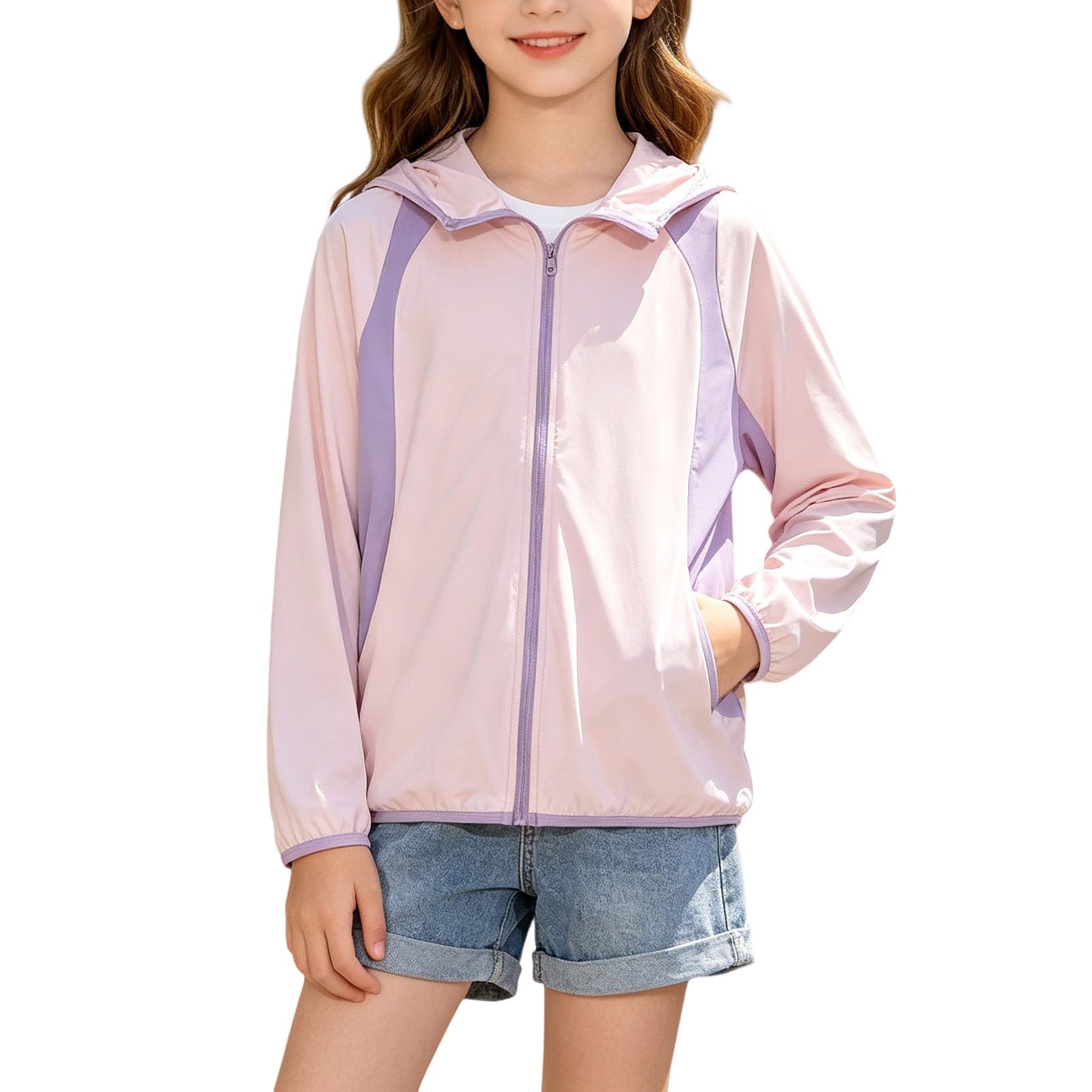 Chaqueta de verano con capucha para niñas, ligera, con cremallera, manga larga, transpirable, suave, para exteriores, playa