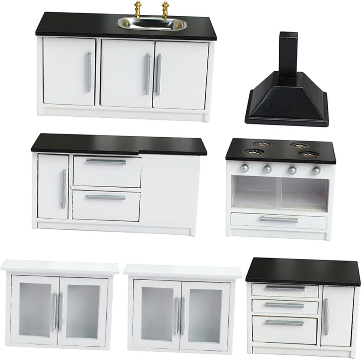 12 Dollhouse Miniature Kitchen Furniture Set Wooden Mini Kitchen Cabinet and Gas Stove White 7pcs Mini House Ornament for Dollhouse Accessories