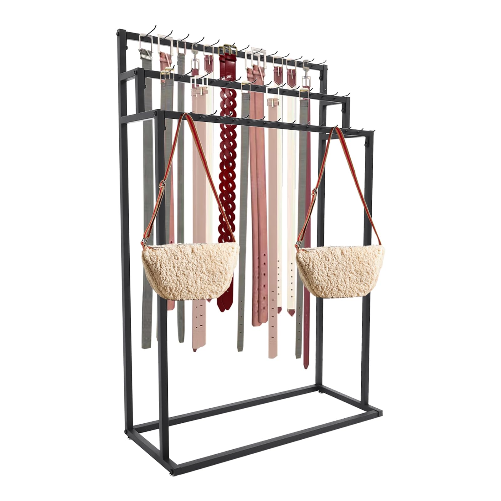 Belt Hanger, Floor Mounted Belt Hanger with 39 Hooks, 3 Tiers Metal Belt Organizer, Large Capacity Belt Display Stand, Ties Scarf Rack for Home Use, Supermarkets, Clothing Stores (Black)