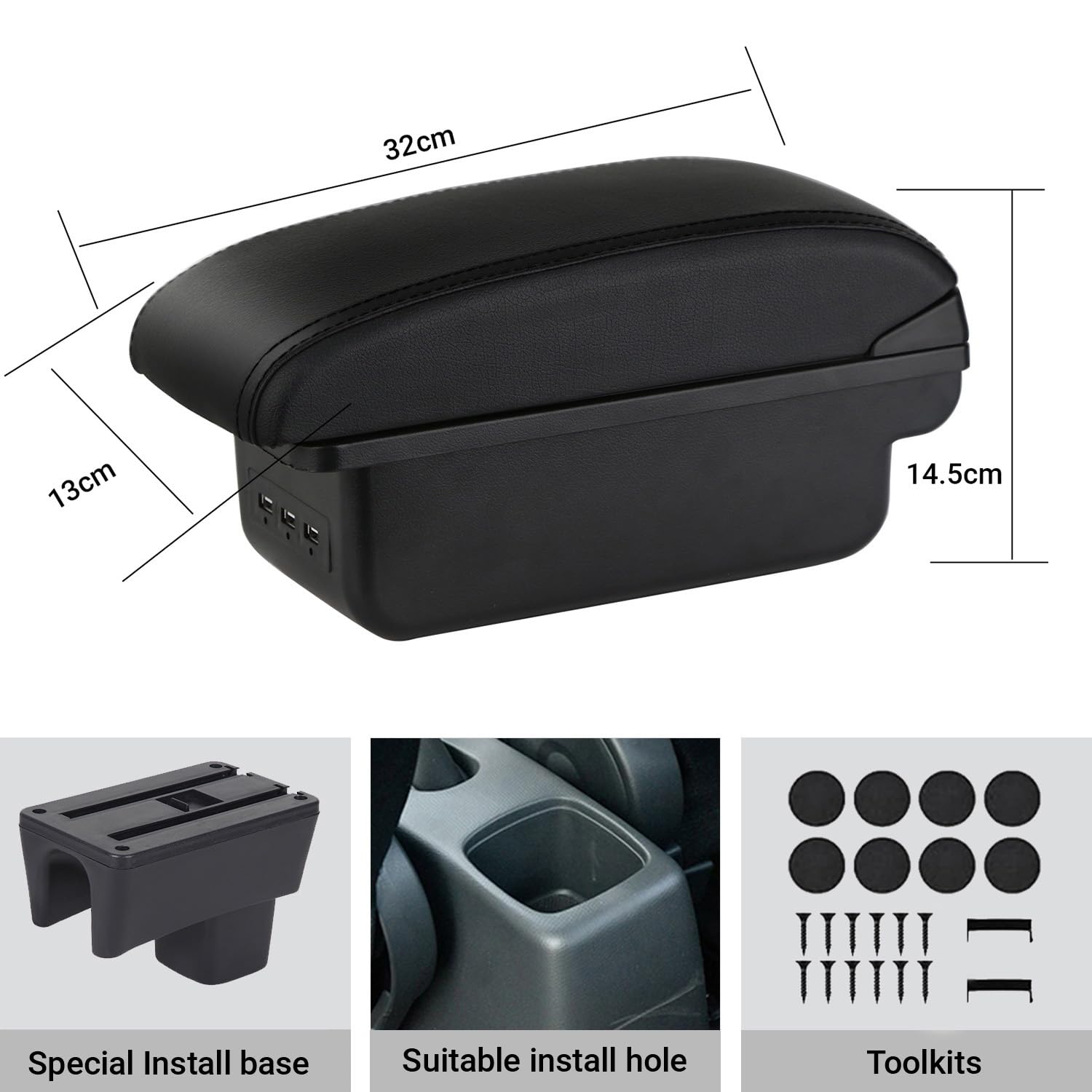 YJYWZH Armlehne für Suzuki Swift Armlehne 2005-2026 Mittelarmlehne mit USB | 2 USB + 1 USB-C, Doppelstauraum, Verschiebbare Armauflage, PU-Leder, Einfache Montage, Mittelkonsolen Armlehne