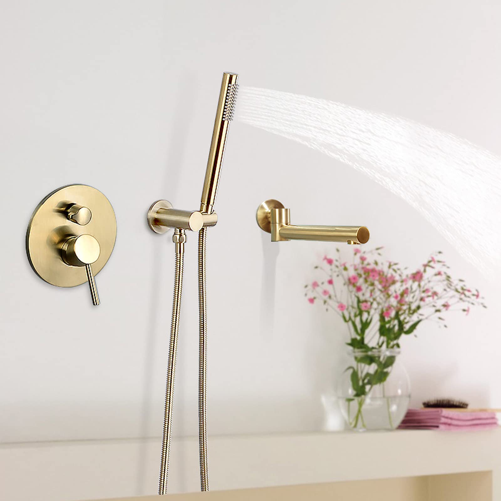 CWCQGH Wall Mount Bathtub Faucet Set, Bath Tub Faucet Set, Wall Mount Tub Filler, Single Handle Brass Shower Tub Faucet Set with Hand Held Shower Head and 180° Rotating Tub Spout, Tub Mix