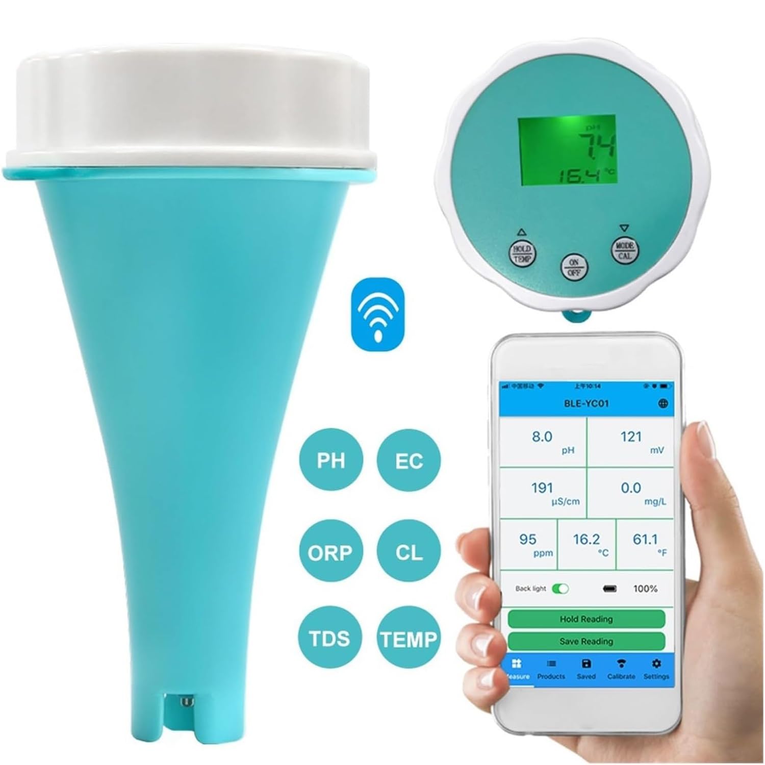 6 en 1 Probador agua con Bluetooth,comprobador PH/ORP/EC/TDS,comprobador cloro residual temperatura,comprobador agua monitor piscina inteligente flotante inalámbrico, for jardín/piscina/acuario