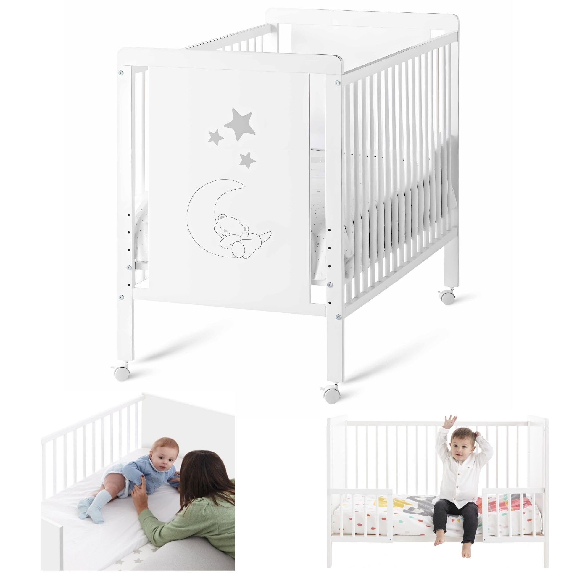 Cuna Colecho de Bebé Indi Estilo Nórdico 120x60 cm, con Kit Colecho, 4 Ruedas y Kit de Barandillas para Cama Infantil CoolDreams