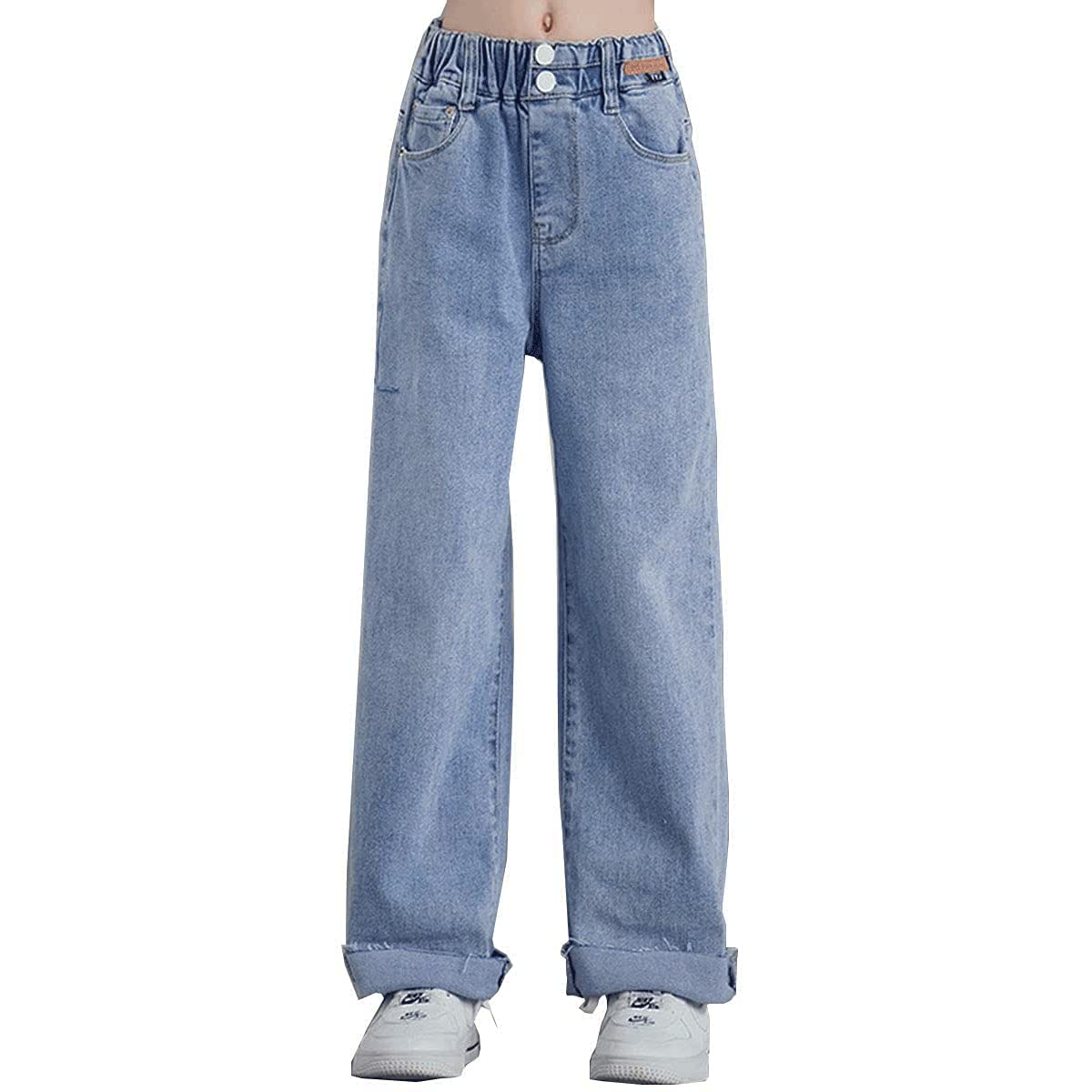 Jeans strappati per bambine e ragazze, con elastico in vita, pantaloni larghi, taglia 5-14 anni