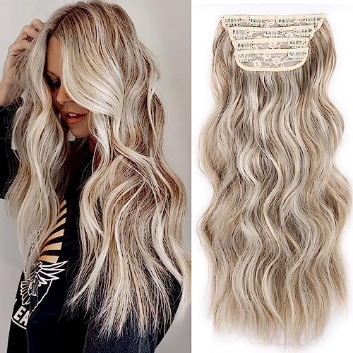20Inch Clip in Hair Extensions for Women Dark Blonde Hair Extension Clip ins Long Wavy Clip in Hair Extensions Double Weft Synthetic Hairpieces Full Head for Women (20INCH, P88/86)