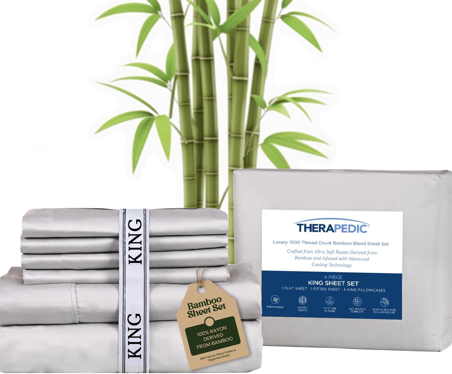 Therapedic 100% Organic Rayon Derived from Bamboo King Sheet Set | 1000TC 6-Piece Cooling Sheets Set, 16” Deep Pocket Fitted Sheet, 4 Pillowcases - Light Grey