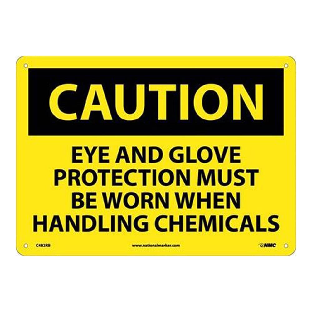 National Marker C482RB Black/Yellow Rigid Plastic "Caution Eye and Glove Protection Must BE Worn When HANDLING Chemicals" Sign, 10" Length x 14" Width