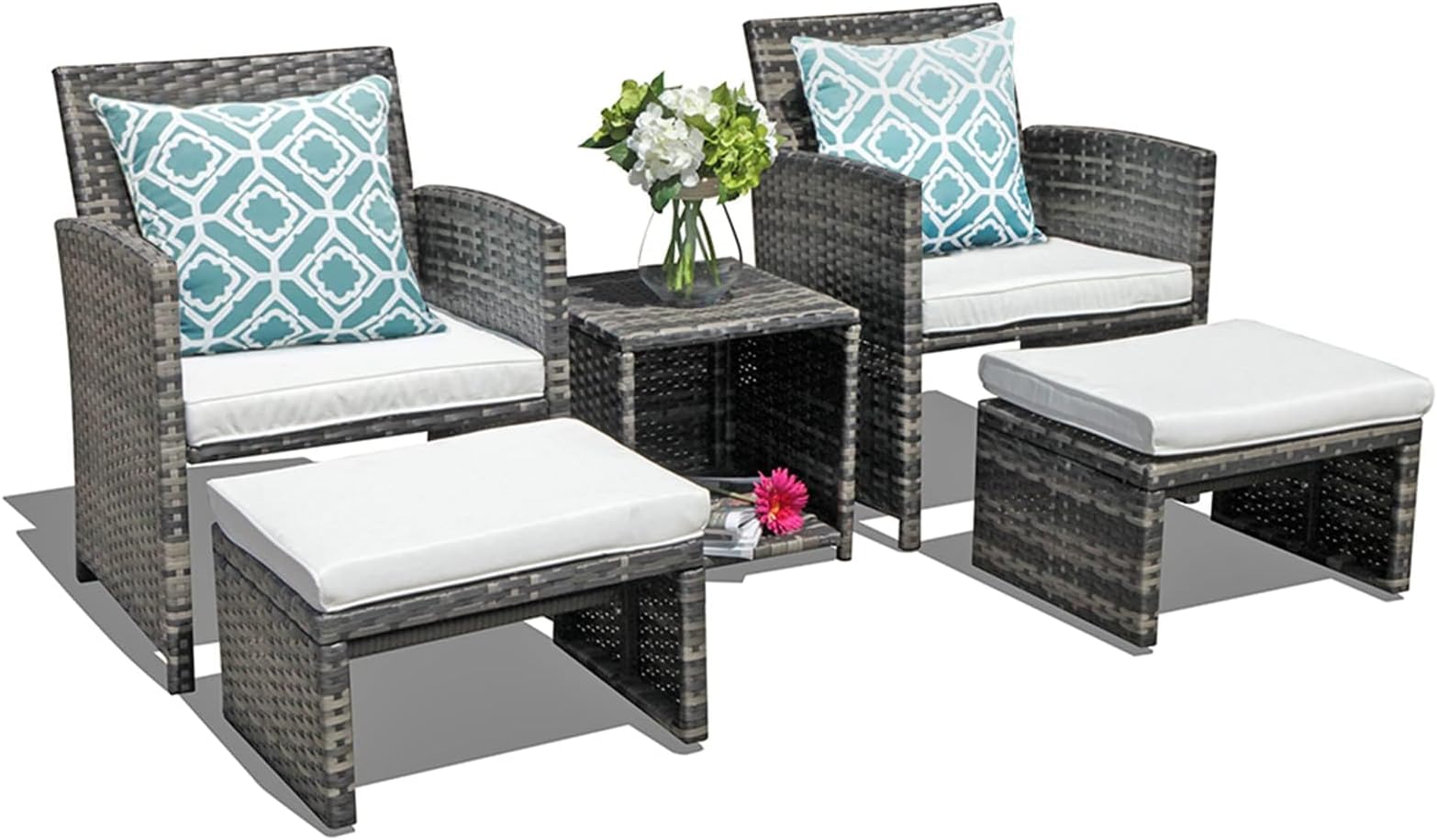 5 Piece Patio Furniture Set, Wicker Outdoor Conversation Chair and Ottoman Set with Coffee Table, Pillows Included, for Balcony, Porch, Deck, White