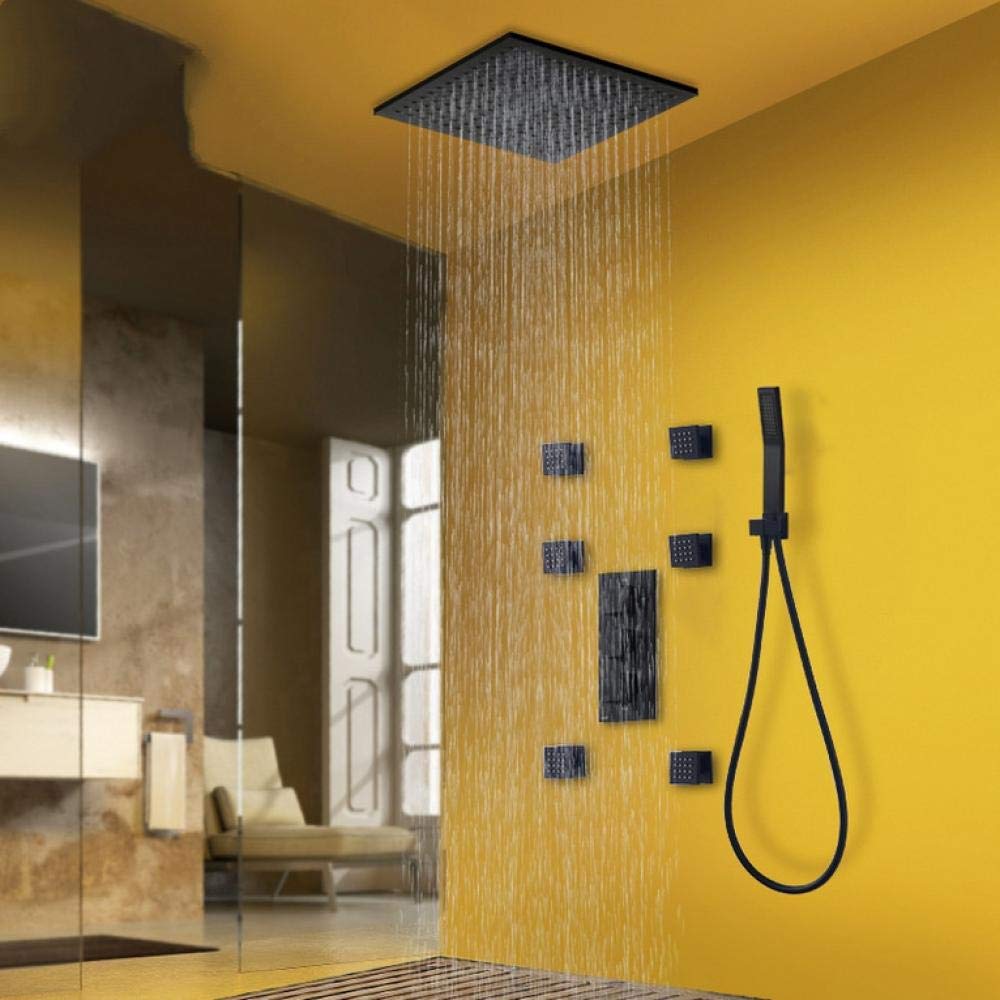 Zestaw czarnych baterii prysznicowych termostatycznych z mosiężną głowicą prysznicową, 6 dysz SPA, 3-drożny termostatyczny kran mieszający do wanny i prysznica - 10 cali, 12,12 Inch Full Set