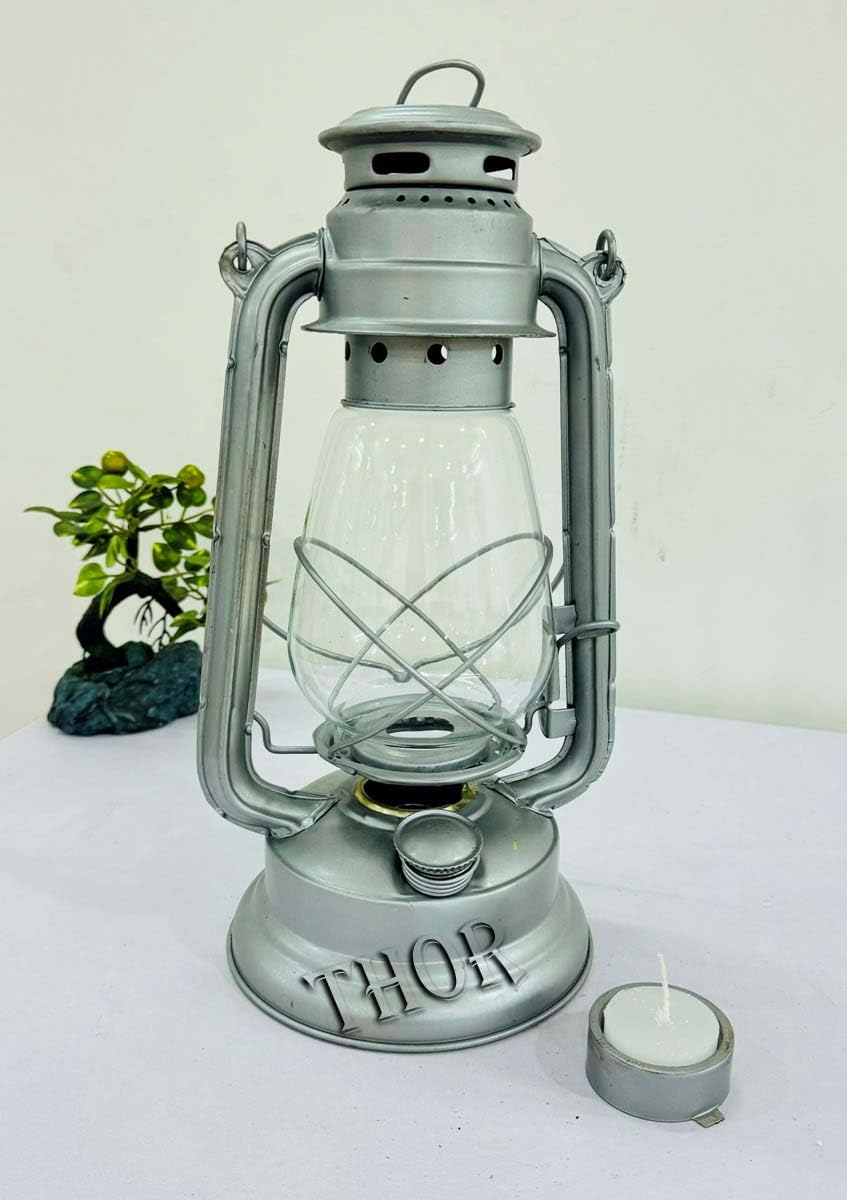 Farmhouse Candle Lantern Decorative Stylish Decorative Lanterns Vintage Metal and Grey with Glass for Home Living Room Dining Table Fireplace