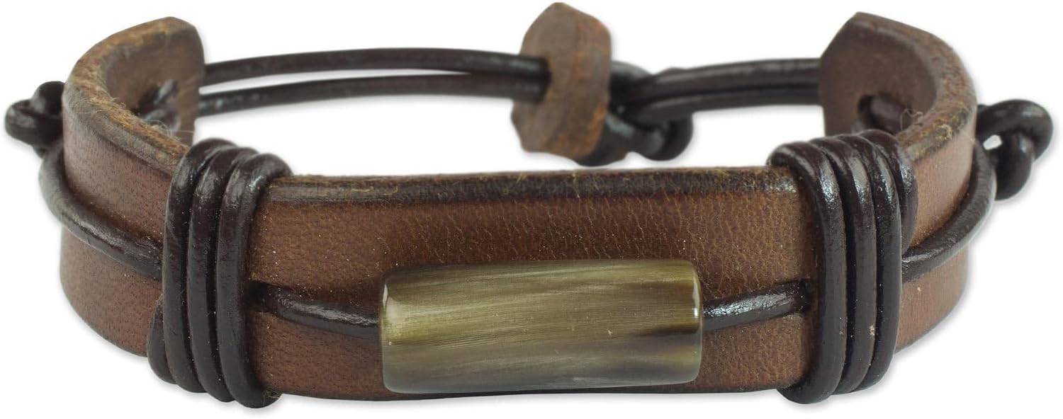 NOVICA Artisan Men's Leather and Horn Wristband Bracelet Brown from Ghana [8.75 in L x 0.6 in W] ' Bound Strength in Brown'