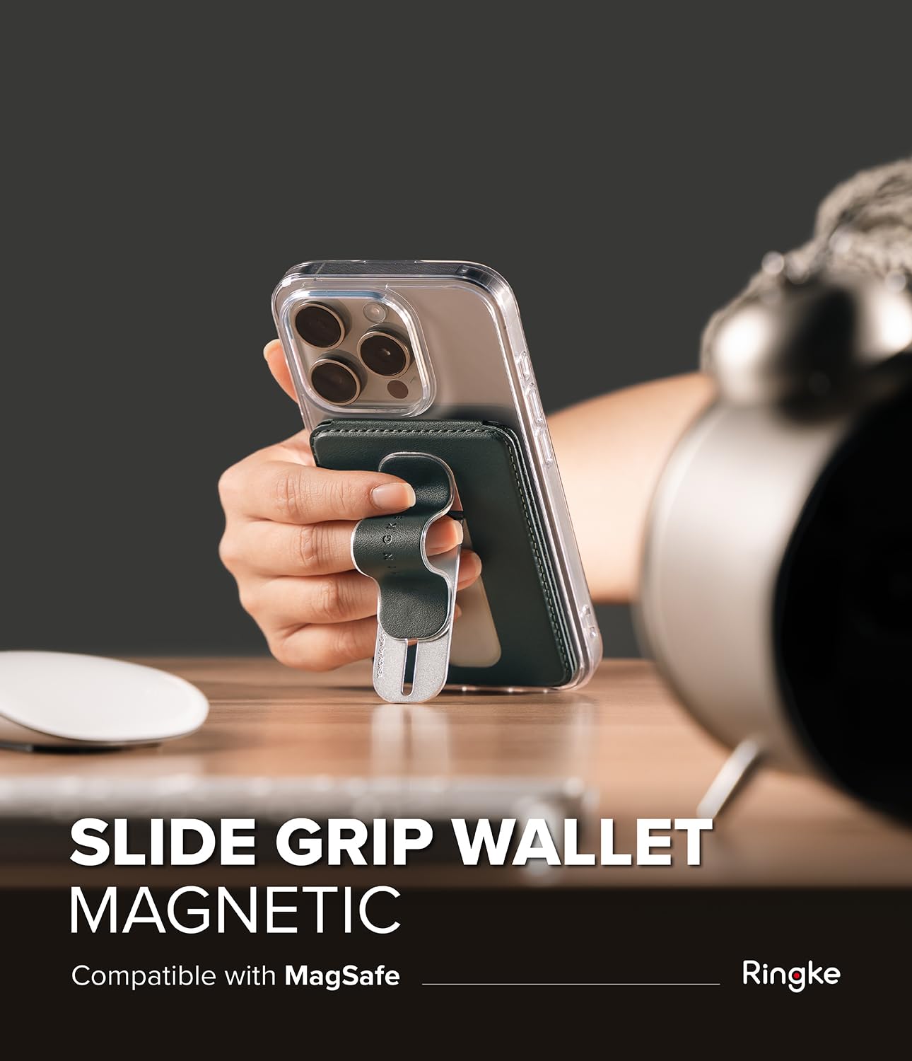 Ringke Slide Grip Wallet Magnetic Card Holder Porte Carte Magnétique Portefeuille Poignée de Doigt pour Téléphone Pochette Cartes [Stockage de 2 Cartes] Compatible avec Coque Magnétique - Dark Green