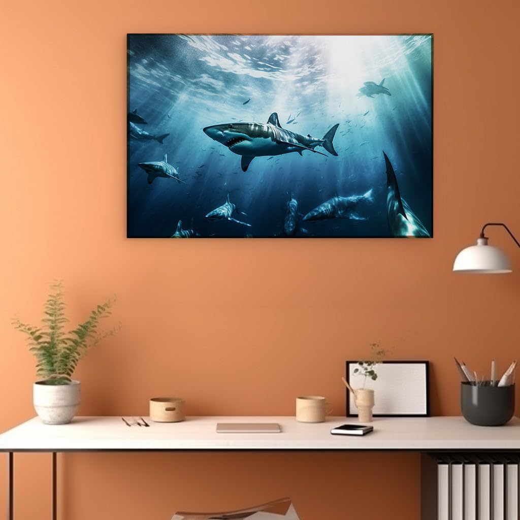 Canvas for Living room. Diving into the Deep Blue: A Majestic Great White Shark Commands the Ocean's Depths, 27 x 18 inch Canvas Wall Art - Ready to Hang