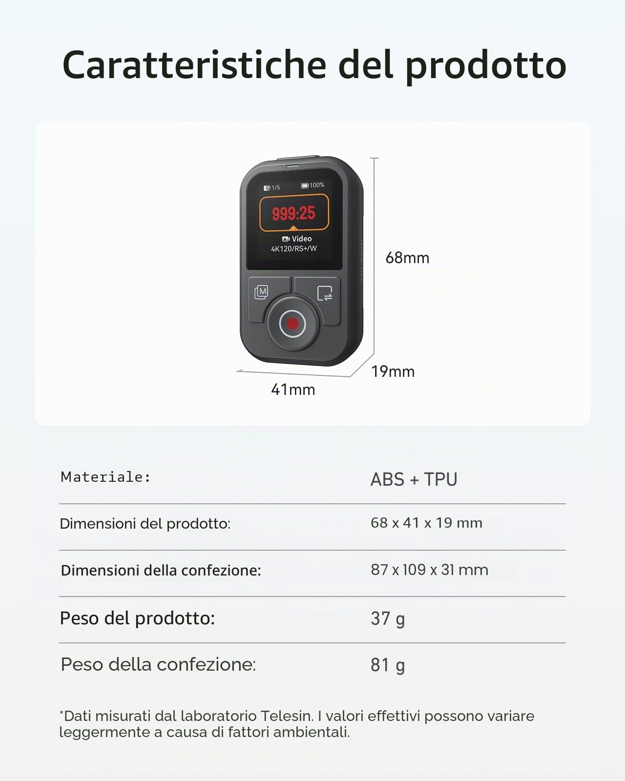 TELESIN Telecomando Bluetooth T13 per DJI Osmo Action 6/5 Pro/4 e Osmo 360, telecomando wireless per fotocamera HD a colori, 60 m di distanza, impermeabile, batteria 8H, controllo time-lapse video