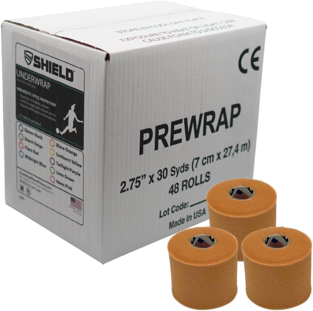 Shield Athletic Underwrap | Bulk Case of 48 Rolls of PreWrap, Hair Tie, Headband, Patellar Support, Pre-Wrap Athletic Tape, 2.75" X 30 SYards, Foam