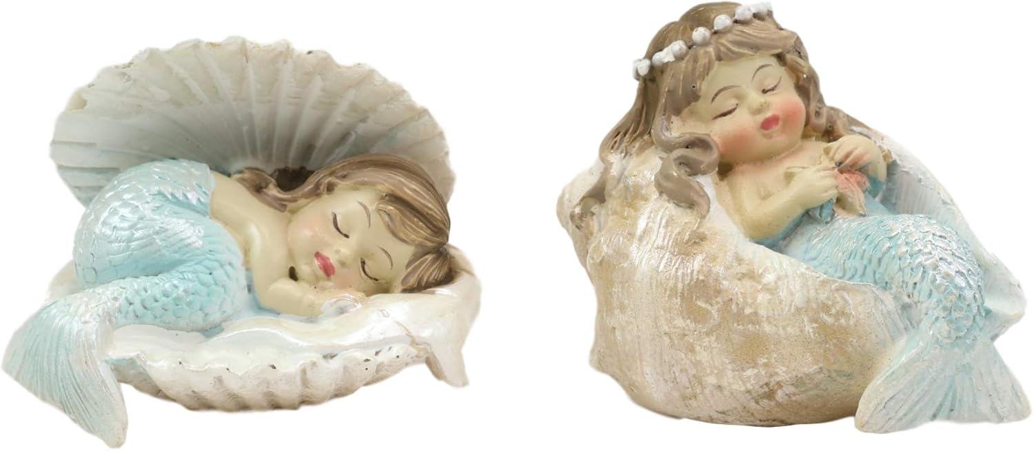 Ebros Whimsical Nautical Sea Sleeping Mergirls with Capiz Blue Tails Mermaid Babies in Conch Shells Small Miniature Figurines Set of 2 DIY Mermaids Fantasy for Terrariums Mini Planters Fairy Garden