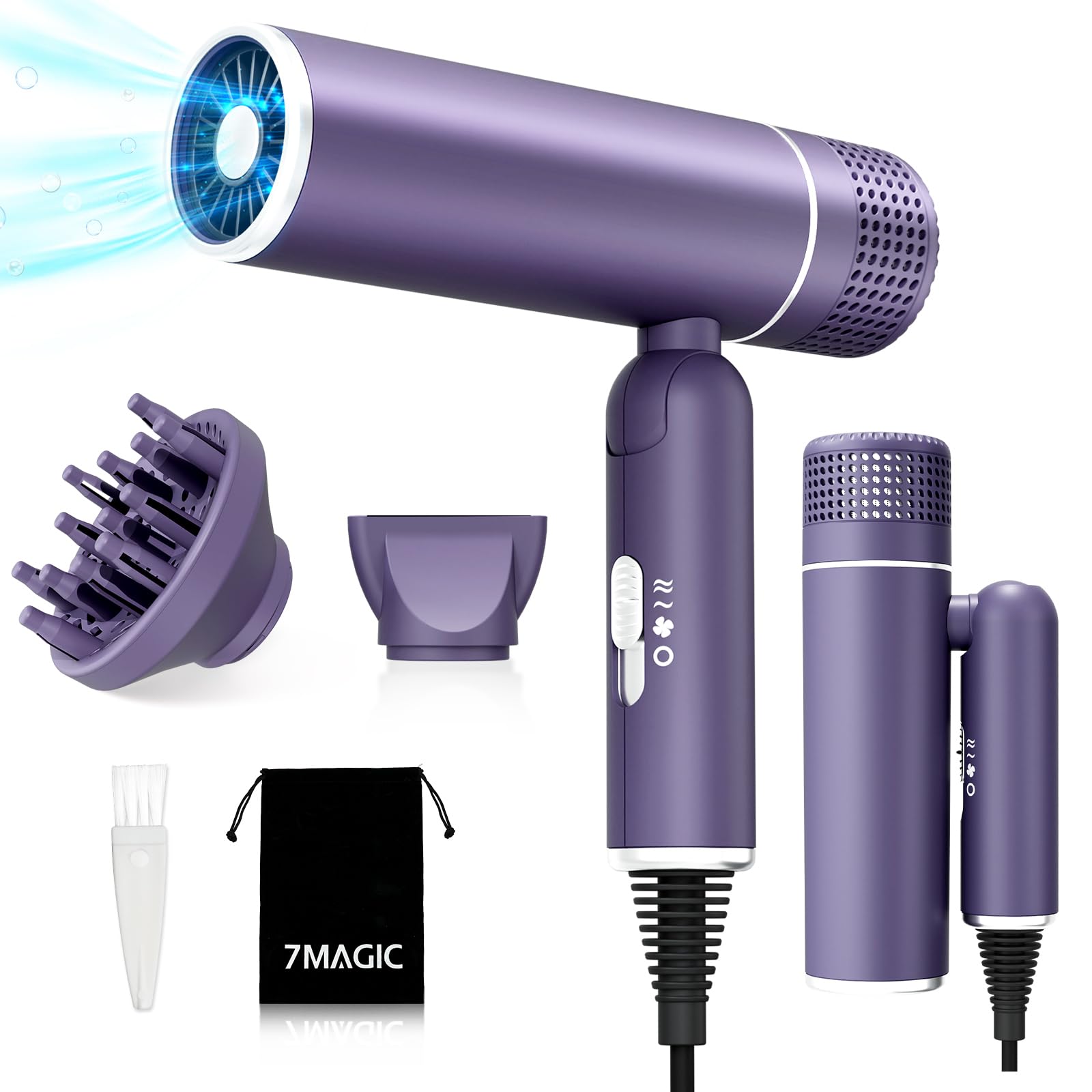 7MAGIC Travel Ionic Hair Dryer, Lightweight Foldable Blow Dryer with Diffuser for Curly Hair & Constant Temperature Care, Anti-Hair Suction Technology Hairdryers for Women, Purple