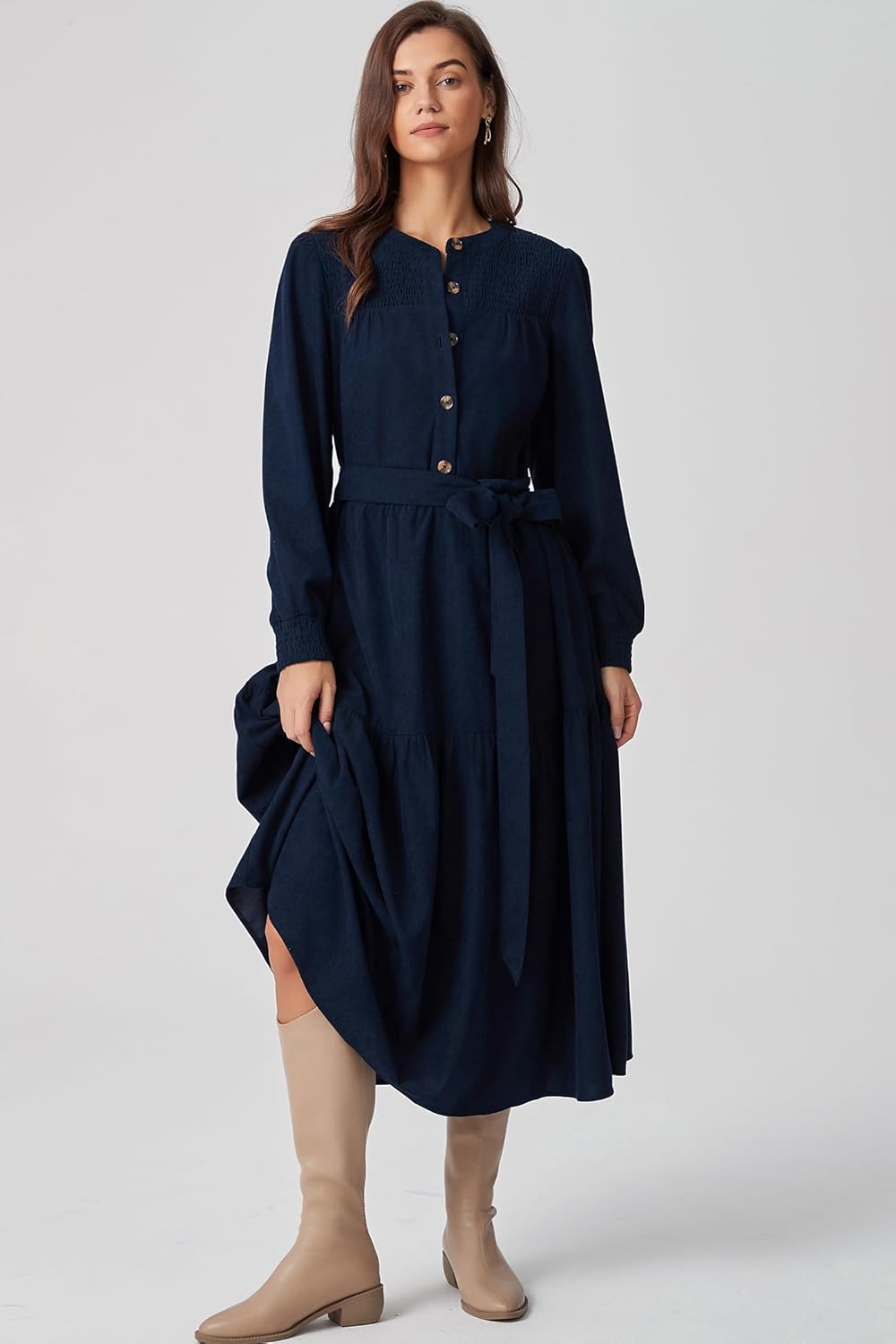 D-Sun Women Corduroy Maxi Dress Fall Winter Casual Button Down Long Sleeve Corduroy A-Line Belted Flowy Long Dress Pocket - Image 5