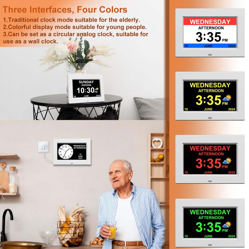 AINFTIME Reloj digital con fecha y día de la semana para ancianos, 12 alarmas, recordatorio de medicamentos, demencia, Alzheimer, calendario con pantalla extragrande (7 pulgadas, blanco)