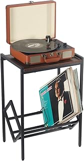 Record Storage Rack Record Storage Holds 80 LP,Turntable Stand with Matte Black Metal Legs, Side Table for Record Player for Living Room, Bedroom Nightstand End Table Wood Look with Rustic Brown