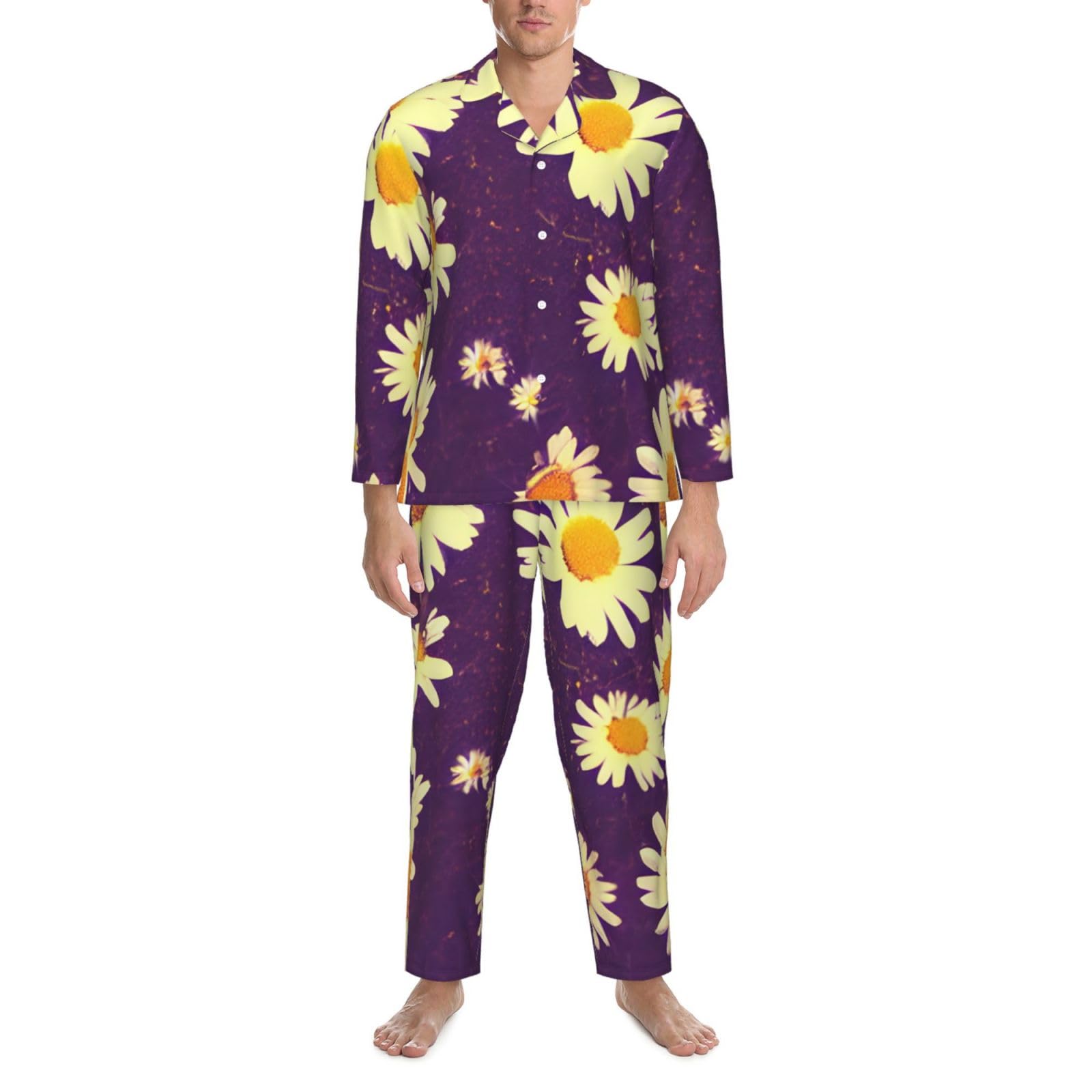 Herren-Pyjama-Set, langärmelig, Gänseblümchen, Violett, Blumendruck, zweiteilig, Hauskleidung, bequeme Nachtwäsche