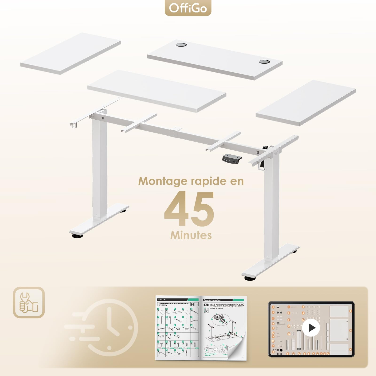 OffiGo Bureau Assis Debout électrique 140cm, Table Ergonomique avec 3 Fonctions Mémoire, Standing Desk Blanc
