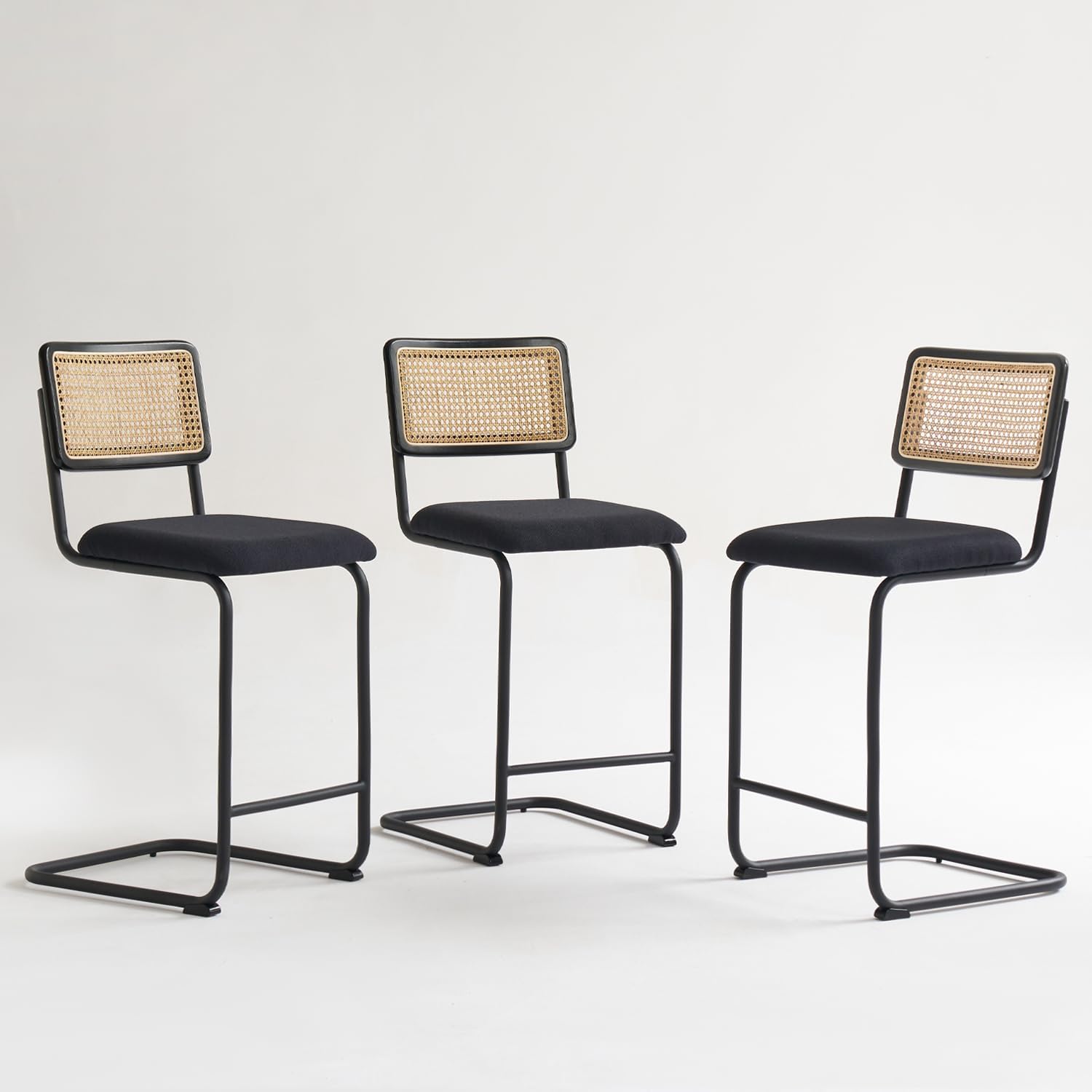 Natural Rattan Counter Height Stools Set of 3 with Solid Wood Back, 24 Inch Mid Century Modern Cesca Bar Stools, Black Upholstery Boho Stools for Kitchen Counter with Black Coating Metal Legs