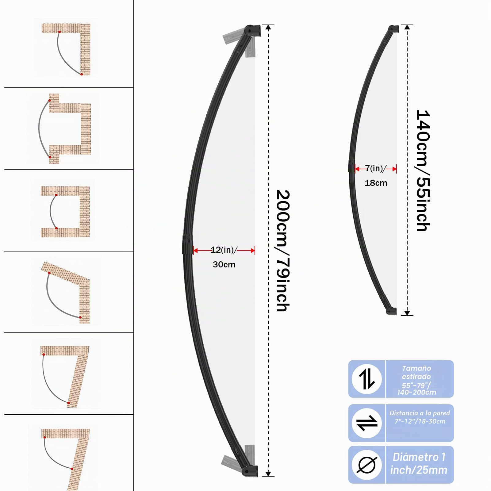 Barra Cortina Ducha Curvada 140-200cm, Acero Inoxidable 304 Extensible, Soporte 25kg, Barra de Ducha con Base Ajustable 180° para Baño, Vestidor y Bañera, Incluye 18 Ganchos, Negro