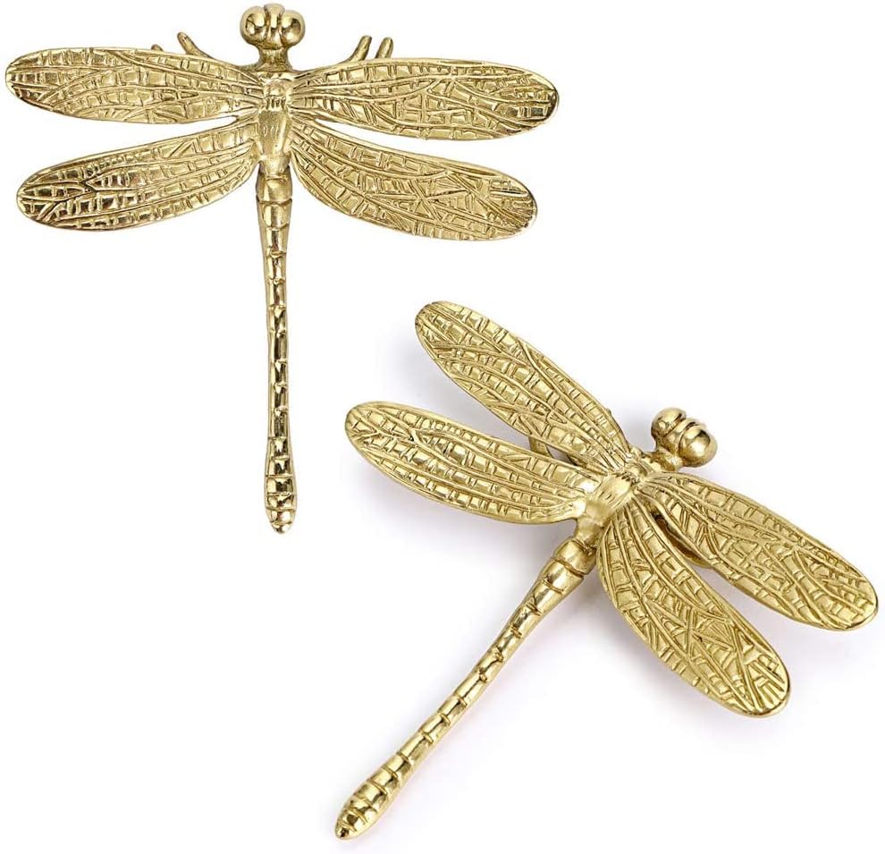 THE WHITE SHOP 2PCS Brass Dragonfly Cabinet Knobs, Golden Tone Cupboard Door Knobs Decorative Dresser Drawer Handle Knobs for Dresser Drawer Cabinet Closet