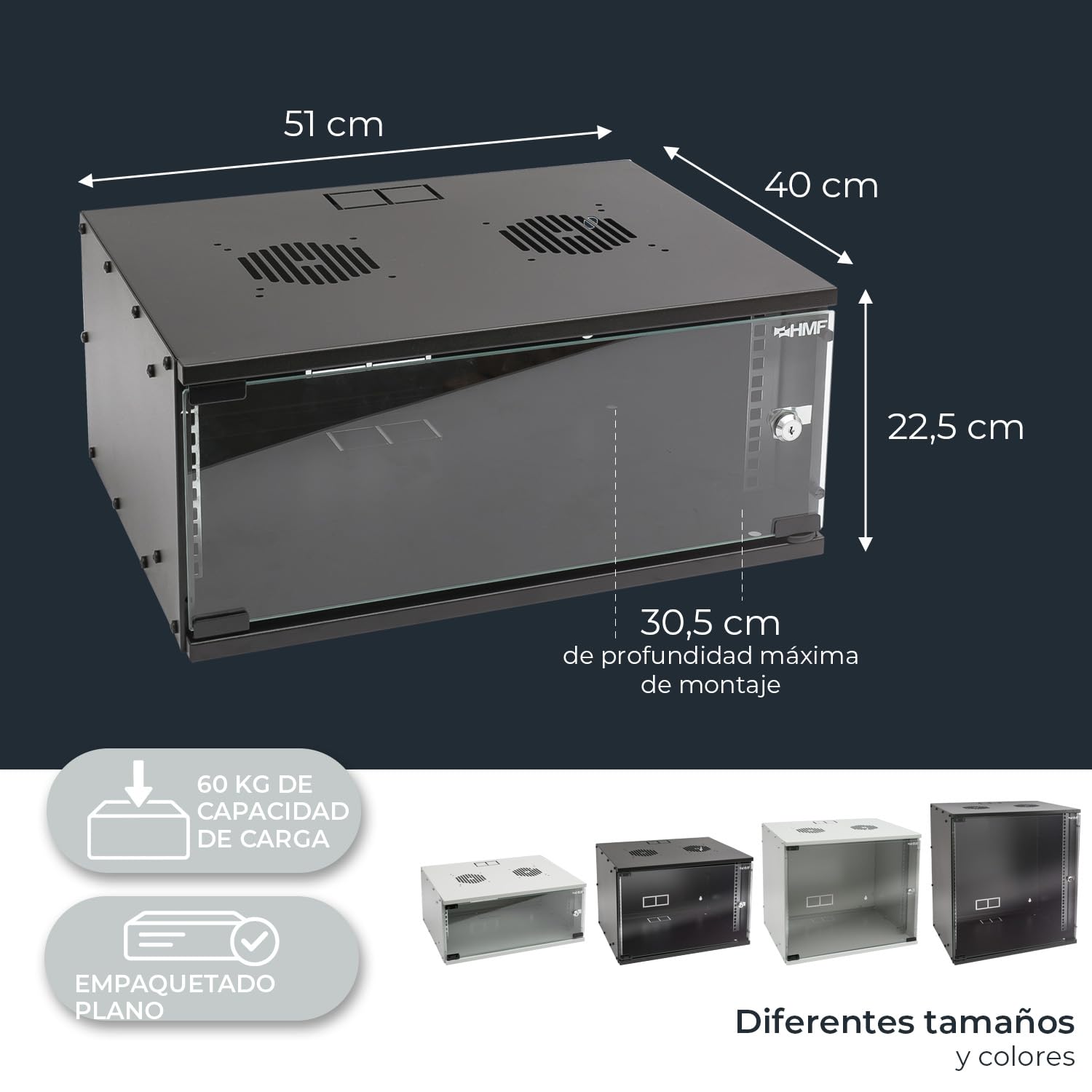 HMF 65704-02 Armario de Red, Armario para Servidores, 19 Pulgadas, 4 U, Profundidad de 400 mm, Puerta de Vidrio, Negro