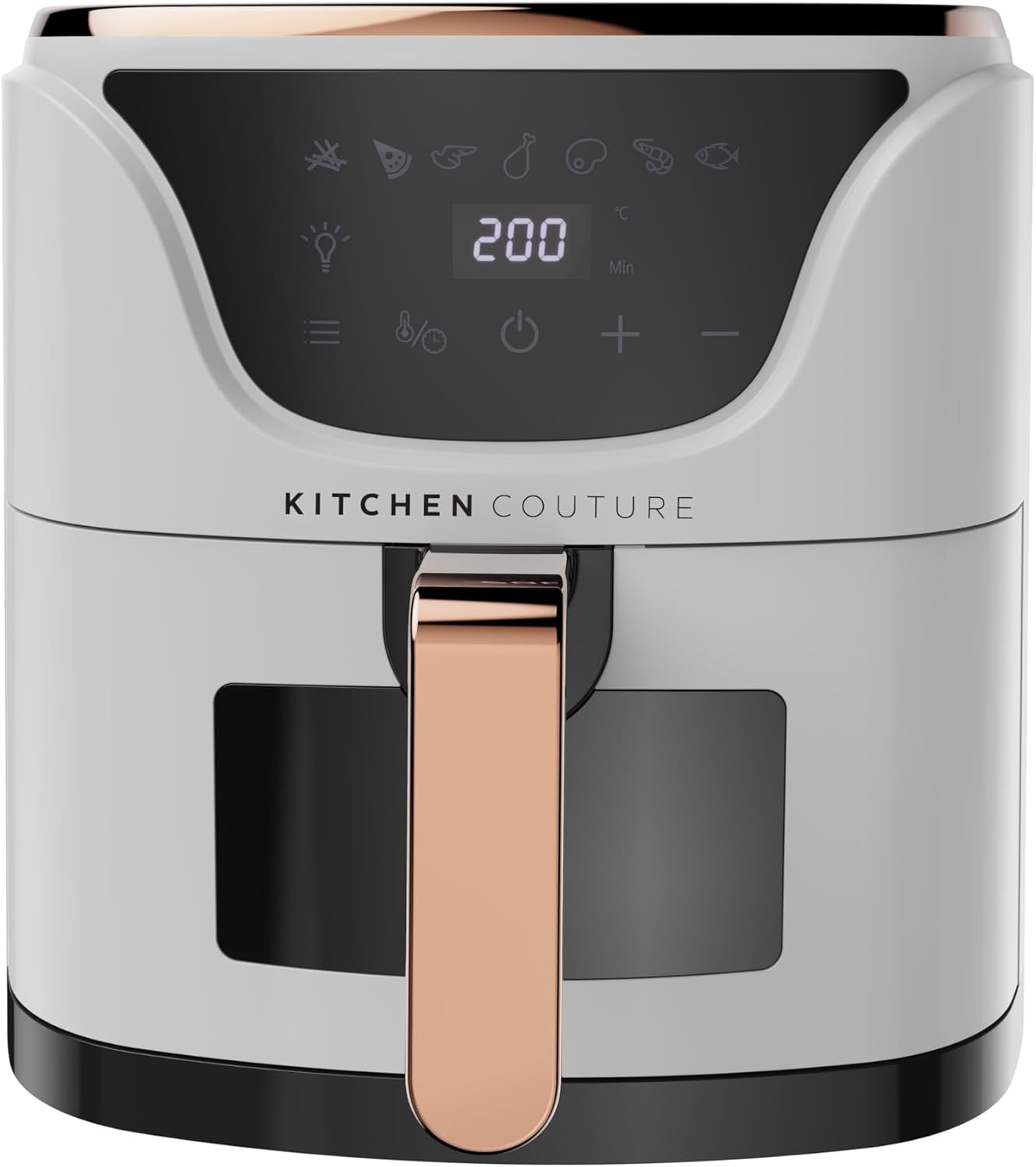 Close-up of the Kitchen Couture Air Fryer's digital control panel and basket handle.