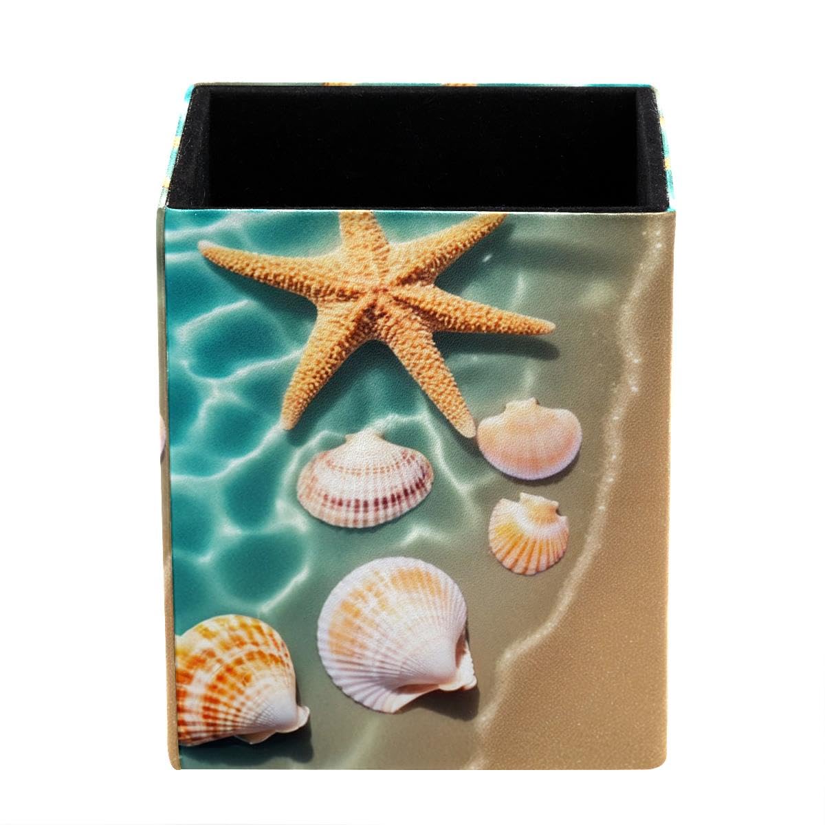 Beach Seashell Starfish Pen Holder Pen Pot, Square Pencil Cup for Desk