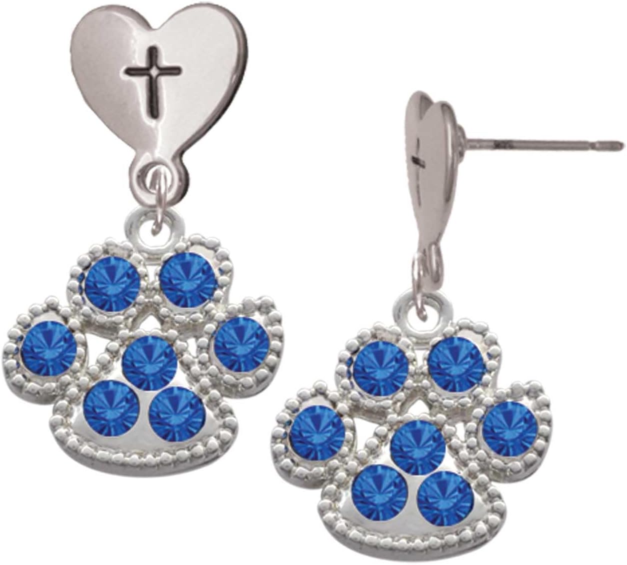 Delight Jewelry Silvertone Large Paw with Crystals Cross in Heart Post Dangle Earrings