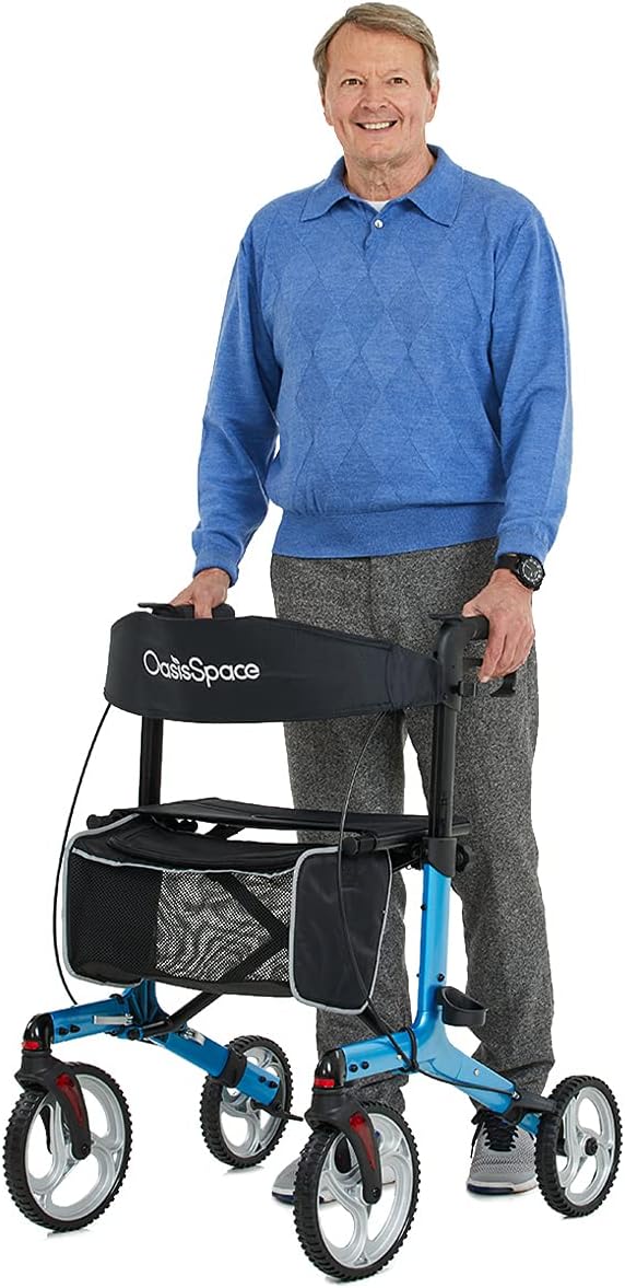 OasisSpace Aluminum Rollator Walker, with 10'' Wheels and Seat Compact Folding Design Lightweight Baking (Blue) : Health & Household