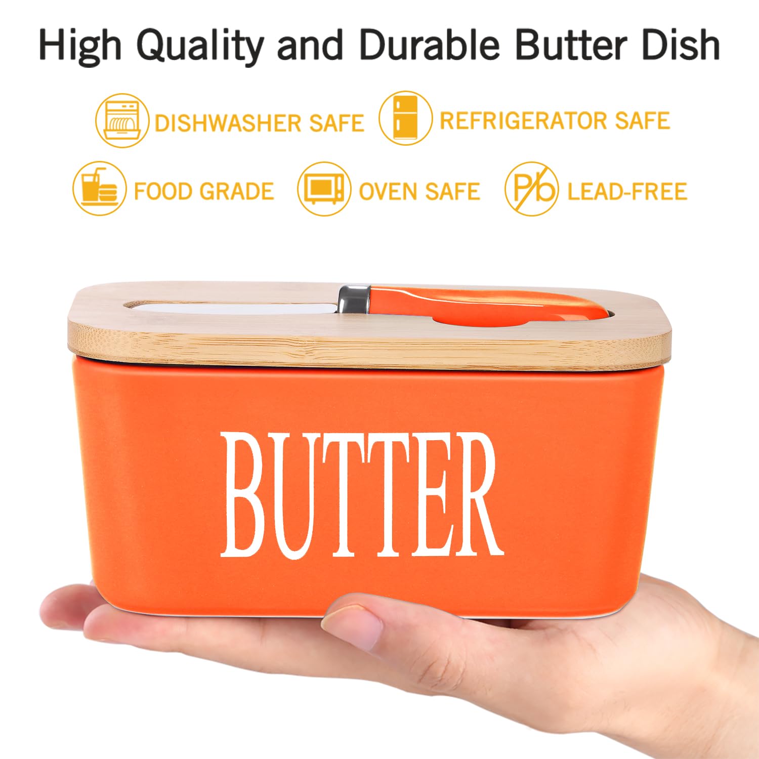 Beurrier en céramique avec couvercle en bois, grand récipient de stockage avec couteau à beurre en acier inoxydable, couvercle en bambou et anneau d'étanchéité en silicone pour beurre de la