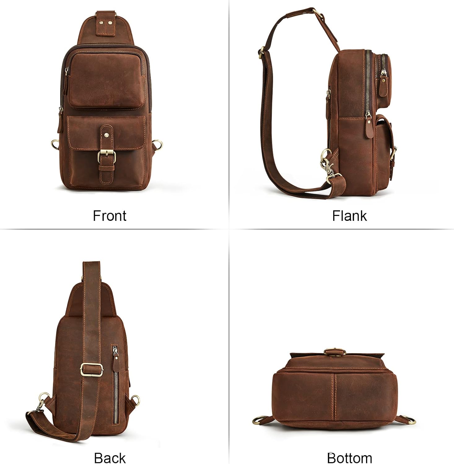 Vintage Crazy Horse Leather Sling Bag for Men Women - Thick Full Grain Crossbody Backpack for Outdoor Daypack Use