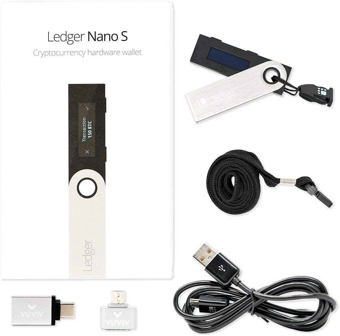 Ledger Nano S Cryptocurrency Hardware Wallet Bundle with Micro-USB Adapter and USB-C Adapter for MacBook (3 Items)