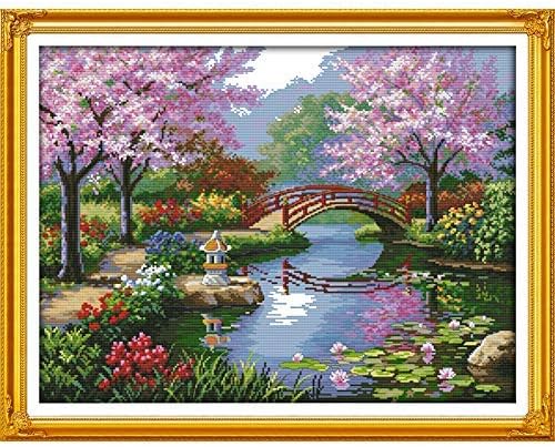 The Beautiful Scenery of Park Japan Style Cherry Counted Stamped Cross Stitch kit for Living Room Decoration Wall Art Embroidery (11ct Print Fabric)