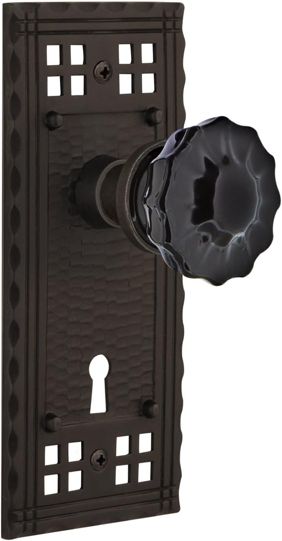 Nostalgic Warehouse 726979 Craftsman Plate with Keyhole Single Dummy Crystal Black Glass Door Knob in Oil-Rubbed Bronze