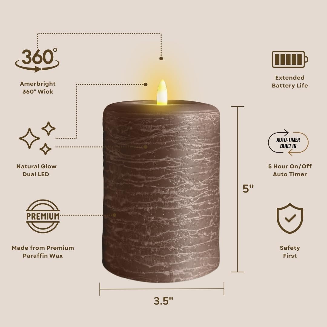 LumiPur Signature Natural Glow Flickering Flameless LED Wax Pillar Candle (3.5" x 5", Cocoa Brown)
