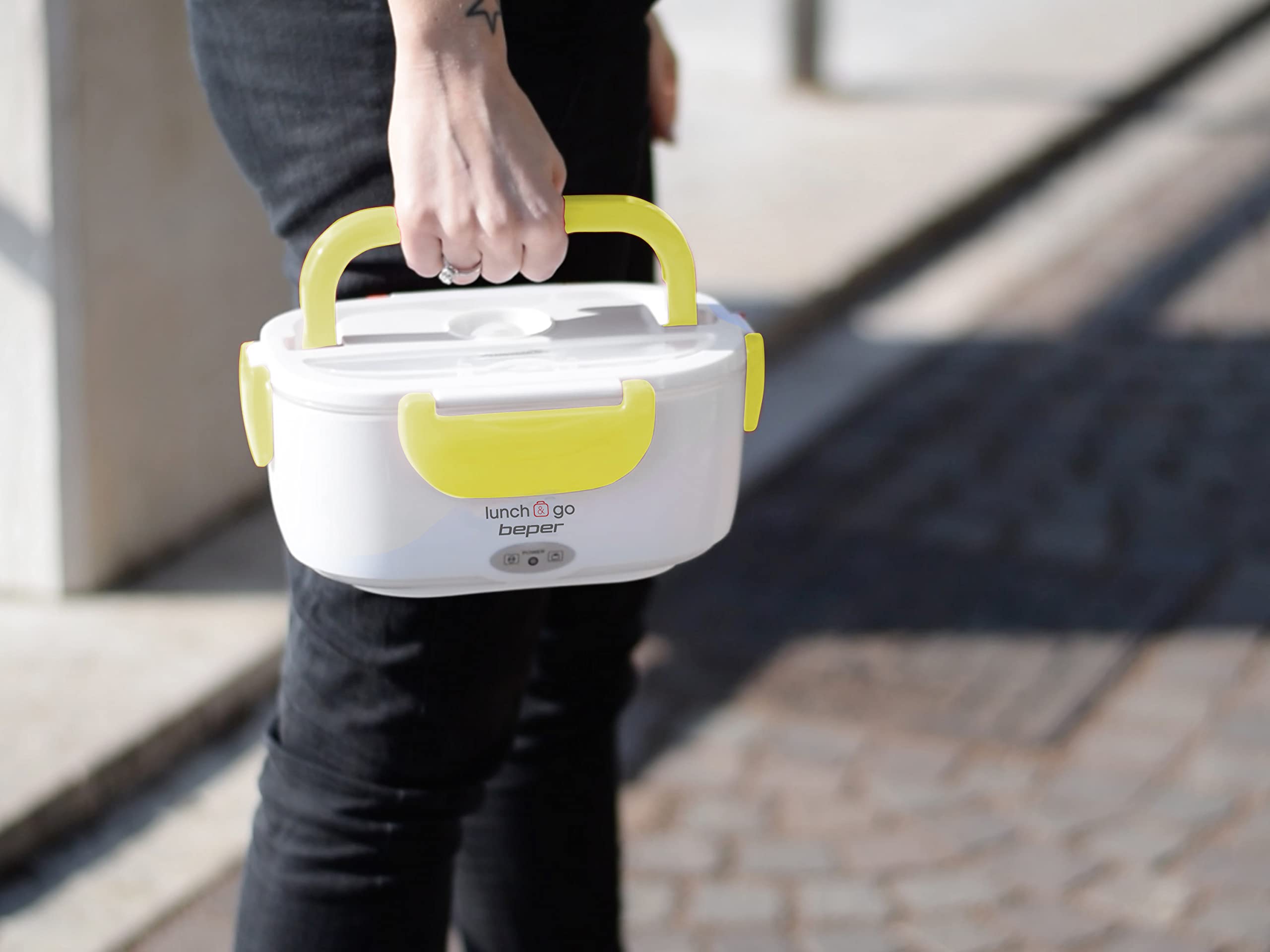 BEPER 90.920G Lunch & Go Scaldavivande Elettrico Portatile con 2 Contenitori Removibili e Posate Incluse, 220V, Giallo