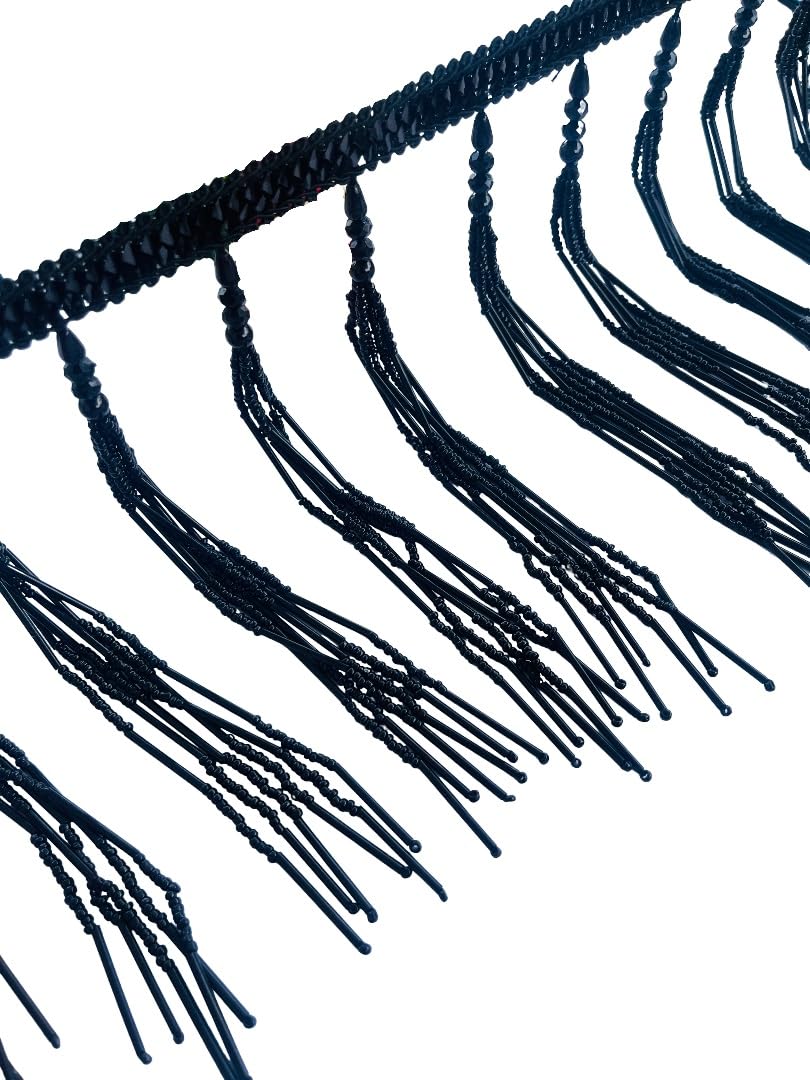 Franges latkan noires pour customiser vos rideaux et robes de soirée - Dentelle perlée de 6m